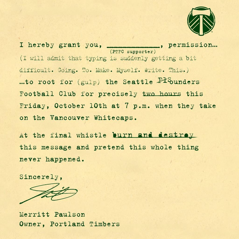 Illustration for article titled Timbers Give Fans Permission To Support The Sounders, For One Night Only